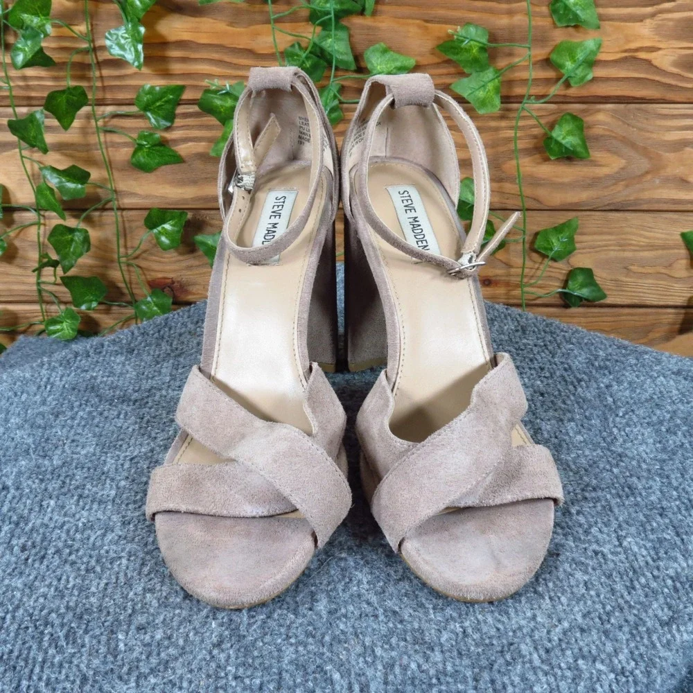 Steve Madden Shena Women Block Heel‎ Sandal Size 10 Evening Dress Taupe Suede